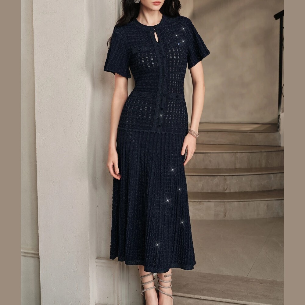 Navy Blue Lurex Knit Button Front Short Sleeve Fit and Flare Maxi Sweater Dress
